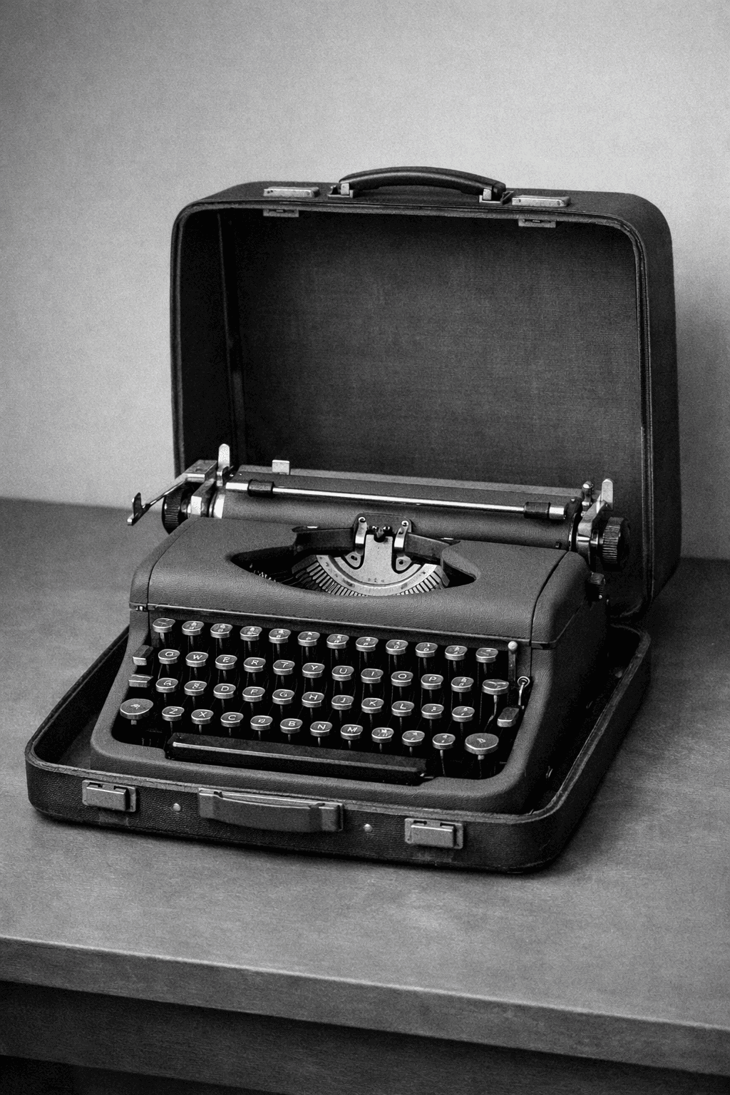 Black and white photograph of a portable typewriter.