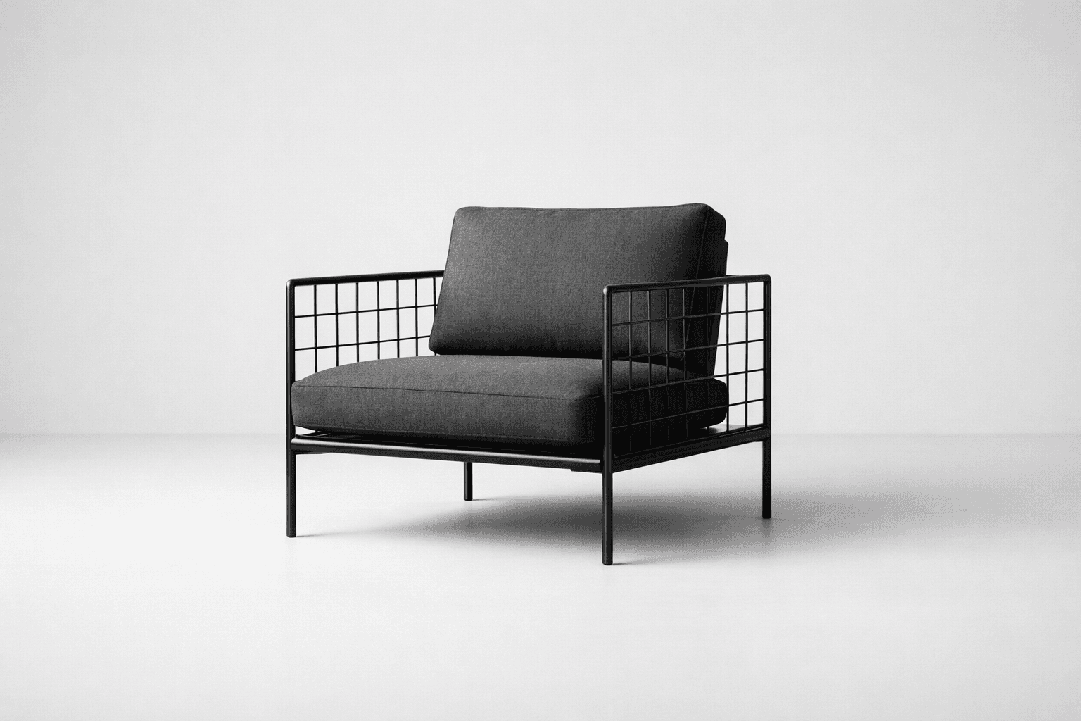 Black and white product photograph of a grid chair