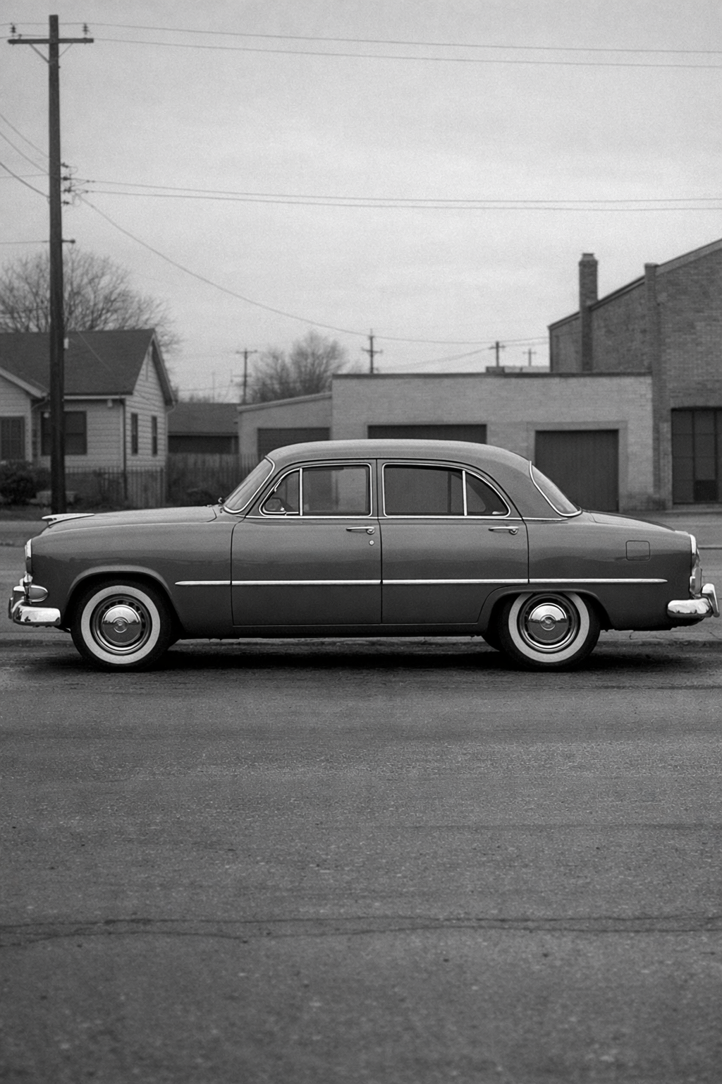 Black and white photograph of a 1950s family sedan parked in side profile on a quiet street.
