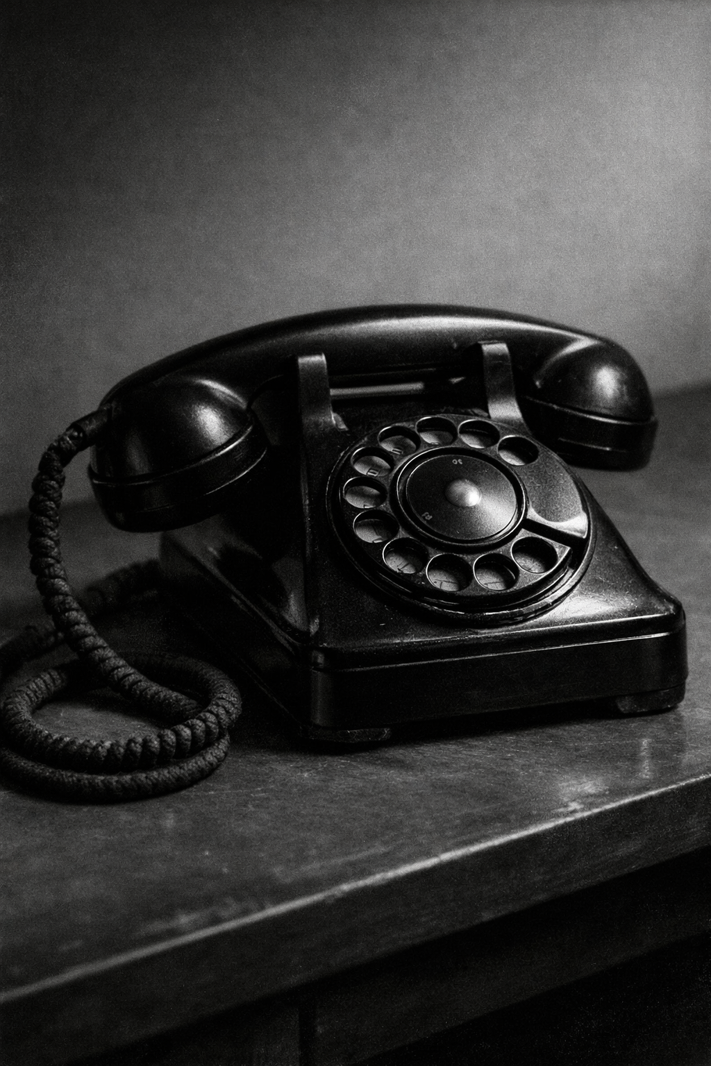 Black and white photograph of a 1950s rotary telephone on a simple desk.