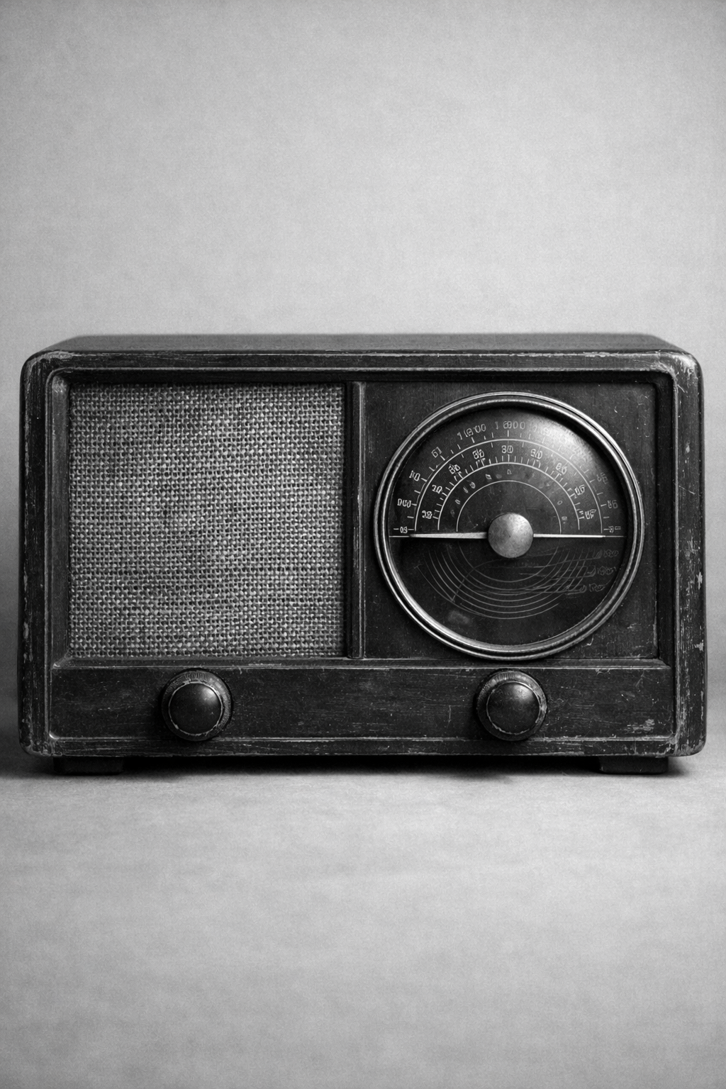 Black and white photograph of a 1950s tabletop radio viewed straight on.